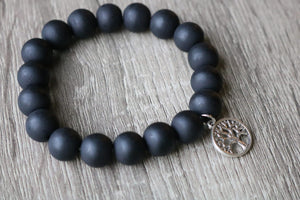 NEW! Smooth Black Stone Bracelet with Silvertone Tree-of-Life Charm