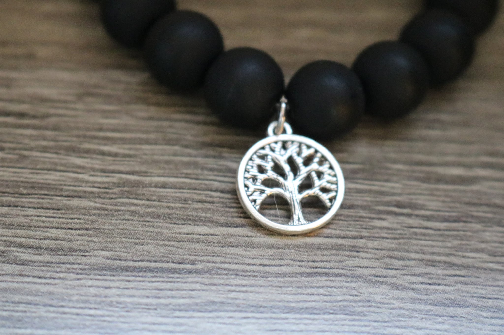 NEW! Smooth Black Stone Bracelet with Silvertone Tree-of-Life Charm